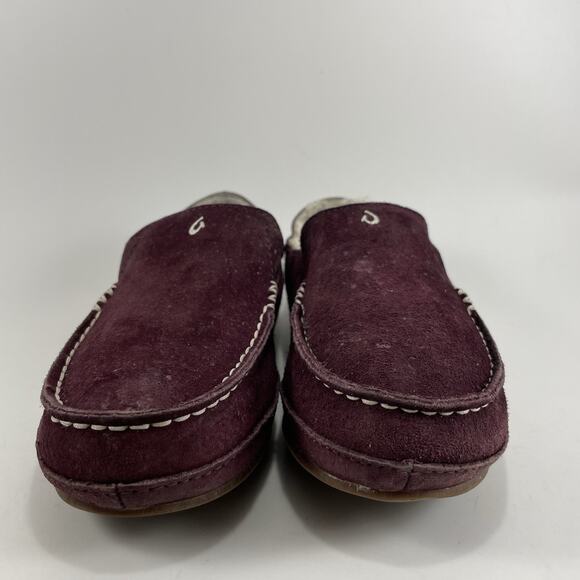 Olukai Nohea Slippers Womens Size 6 Burgundy Suede Slip On Comfort Sherpa Lined - Picture 2 of 9